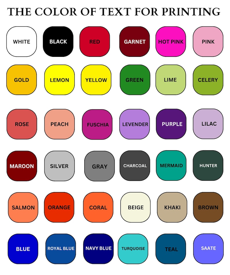 K&ouml;nnte beinhalten: Eine Farbtafel mit der Aufschrift "THE COLOR OF TEXT FOR PRINTING" zeigt eine Vielzahl von Textfarben. Die Tabelle enth&auml;lt Farben wie Wei&szlig;, Schwarz, Rot, Rosa, Gelb, Gr&uuml;n, Blau und viele mehr, jeweils in einem abgerundeten Quadrat.
