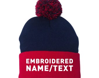 Custom Embroidered 12" Pom-Pom Cuffed Beanie -Add Text-Personalized Winter Hat, Knit Cap, Custom Beanie - Warm Cuffed Beanie for Unisex SP15