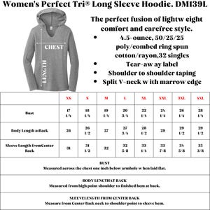 May include: A size chart for a long-sleeved hoodie with a split V-neck and a tear-away label. The hoodie is made of a lightweight blend of polyester, combed ring spun cotton, and rayon. The chart shows measurements for bust, body length at back, and sleeve length from center back in inches.