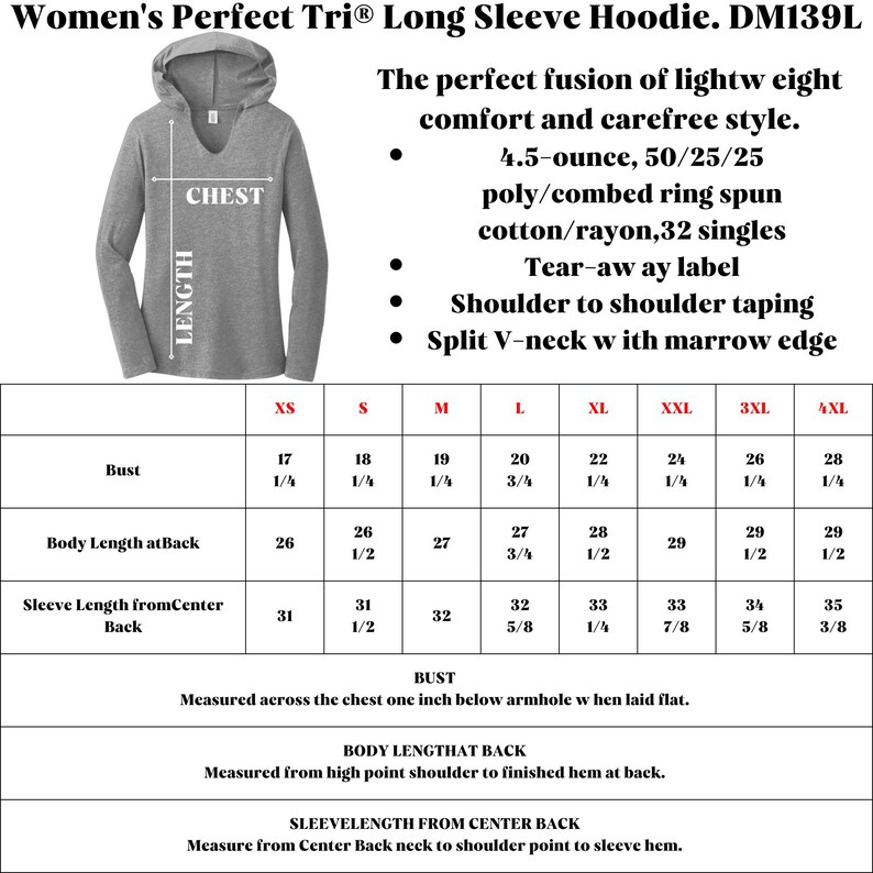 May include: A size chart for a long-sleeved hoodie with a split V-neck and a tear-away label. The hoodie is made of a lightweight blend of polyester, combed ring spun cotton, and rayon. The chart shows measurements for bust, body length at back, and sleeve length from center back in inches.