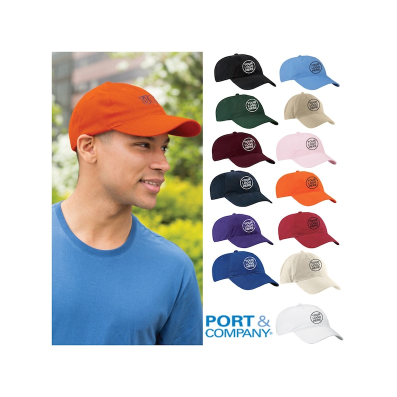 May include: A selection of 12 blank baseball caps in various colors, including black, blue, green, red, orange, white, beige, pink, purple, and navy. Each cap features a circular area for embroidery or screen printing with the text "YOUR LOGO HERE" in a white circle.