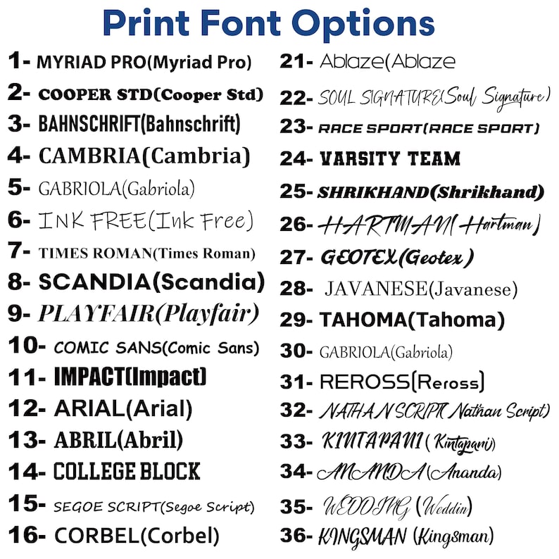 K&ouml;nnte beinhalten: Eine Liste von 36 Schriftoptionen, jeweils mit Namen und Beispiel. Die Schriftarten umfassen Myriad Pro, Cooper Std, Bahnschrift, Cambria, Gabriola, Ink Free, Times Roman, Scandia, Playfair, Comic Sans, Impact, Arial, Abril, College Block und mehr.