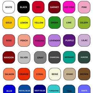 Puede incluir: Una tabla de 36 muestras de color con los nombres de cada color enumerados debajo. Los colores incluyen blanco, negro, rojo, granate, rosa intenso, rosa, dorado, lim&oacute;n, amarillo, verde, lima, apio, rosa, melocot&oacute;n, fucsia, lavanda, morado, lila, marr&oacute;n, plata, gris, carb&oacute;n, sirena, cazador, salm&oacute;n, naranja, coral, beige, caqui, marr&oacute;n, azul, azul real, azul marino, turquesa, azul verdoso y saate.