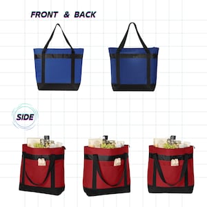 K&ouml;nnte beinhalten: Blaue und rote Tragetaschen mit schwarzen Akzenten. Die Taschen haben schwarze Griffe und einen schwarzen Boden. Die Vorder- und R&uuml;ckansicht der blauen Tasche wird zusammen mit einer Seitenansicht der roten Tasche mit Lebensmitteln gezeigt.