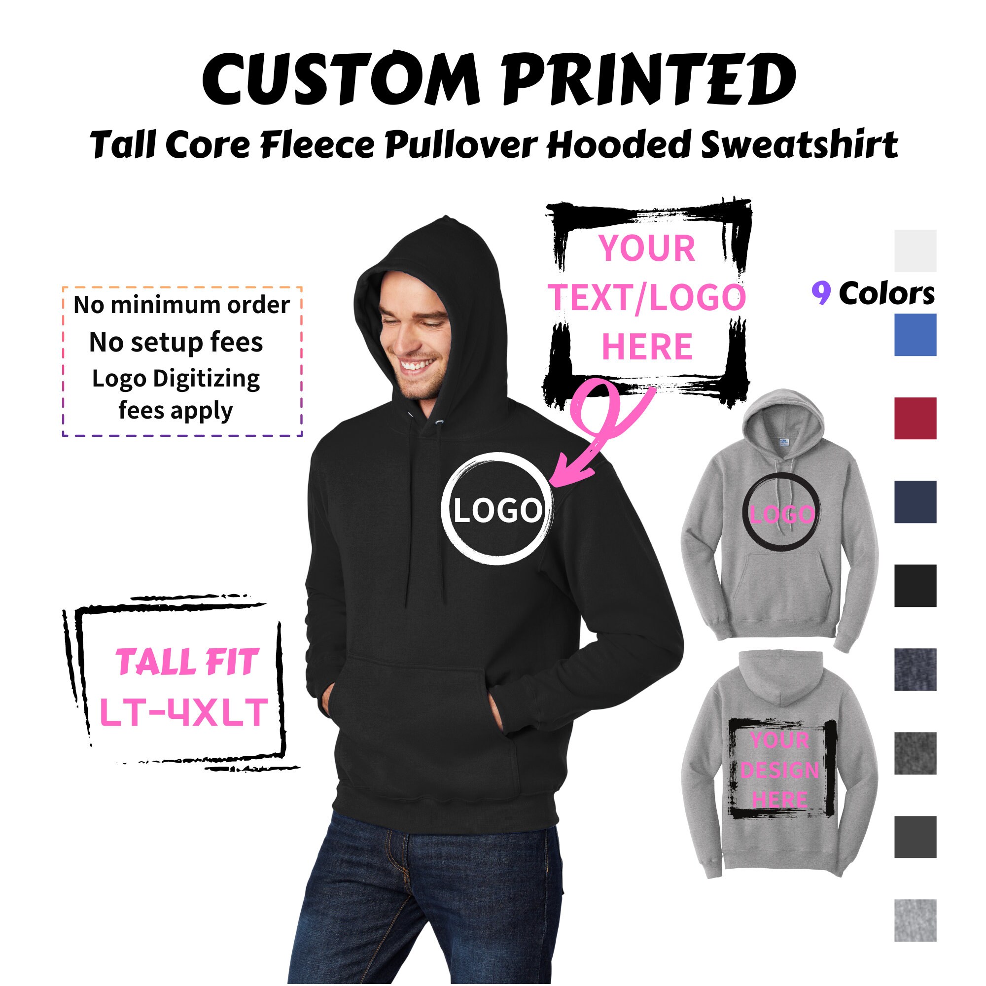 Custom Tall Core Fleece Pullover Hooded Sweatshirt. Custom Hoodie Sweatshirt Wear Your Own Logo design Best Gift. PC78HT Etsy