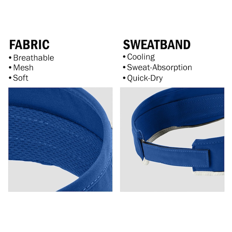 Pode incluir: Uma viseira azul com tecido de malha respir&aacute;vel e uma faixa de suor refrescante, absorvente e de secagem r&aacute;pida. O texto FABRIC com pontos para Breathable, Mesh, Soft e SWEATBAND com Cooling, Sweat-Absorption, Quick-Dry &eacute; vis&iacute;vel.