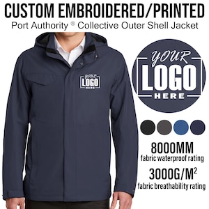 May include: A navy blue hooded jacket with a zipper closure and two front pockets. The jacket has a white embroidered logo that says "YOUR LOGO HERE". The jacket is waterproof and breathable, with a waterproof rating of 8000mm and a breathability rating of 3000g/m².
