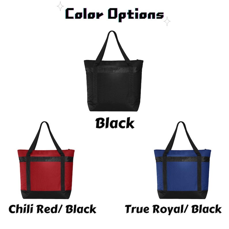 K&ouml;nnte beinhalten: Das Bild zeigt drei Tragetaschen in verschiedenen Farben: Schwarz, Chili-Rot/Schwarz und K&ouml;nigsblau/Schwarz. Der Text "Color Options" steht oben. Jede Tasche hat einen Rei&szlig;verschluss und zwei Griffe.