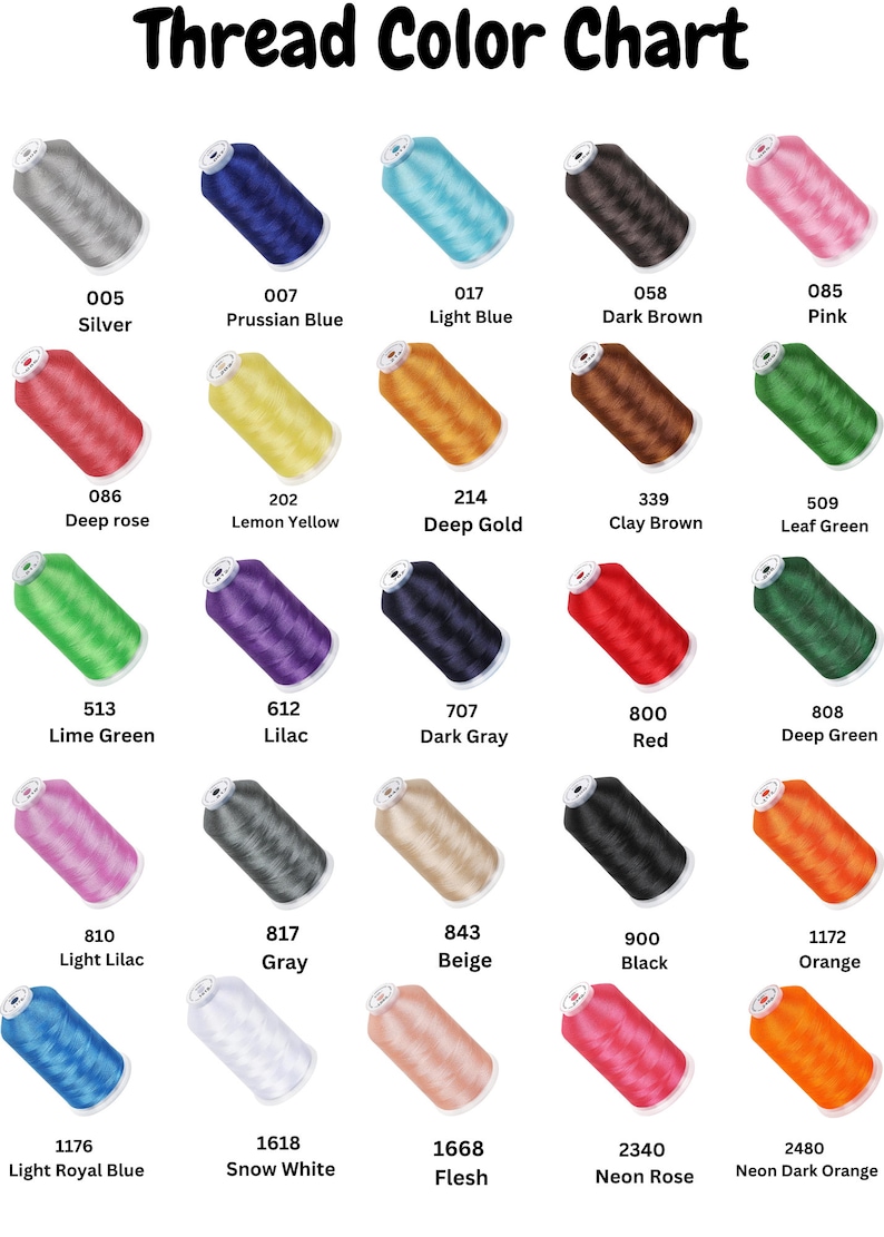 Puede incluir: Una carta de colores de hilo con una variedad de carretes de hilo en varios colores, incluyendo plata, azul, rosa, verde y naranja. Cada carrete est&aacute; etiquetado con un nombre de color y un n&uacute;mero correspondiente. La carta est&aacute; dise&ntilde;ada para proyectos de manualidades.