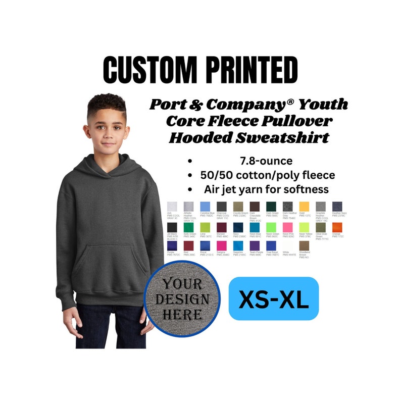 Puede incluir: Una sudadera con capucha gris carb&oacute;n para j&oacute;venes con un &aacute;rea de dise&ntilde;o personalizado. La sudadera est&aacute; hecha de una mezcla de polar de algod&oacute;n/poli&eacute;ster 50/50 de 7,8 onzas con hilo de chorro de aire para mayor suavidad. La sudadera est&aacute; disponible en tallas XS-XL.