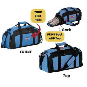 May include: A blue and black duffel bag with a zippered side compartment for shoes, a main zippered opening, and black carrying handles. The bag features custom branding areas on the front, back, and top, with text labels indicating front, back, and top views.