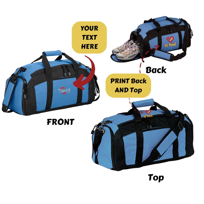 May include: A blue and black duffel bag with a zippered side compartment for shoes, a main zippered opening, and black carrying handles. The bag features custom branding areas on the front, back, and top, with text labels indicating front, back, and top views.