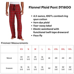 May include: Red and black plaid flannel pants with an elastic waistband and a drawstring. The pants have a tear-away label and a faux fly. Size chart shows measurements in inches.