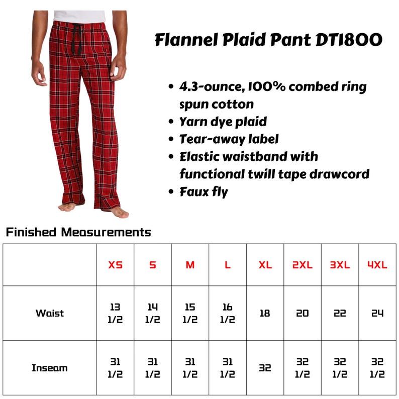 May include: Red and black plaid flannel pants with an elastic waistband and a drawstring. The pants have a tear-away label and a faux fly. Size chart shows measurements in inches.