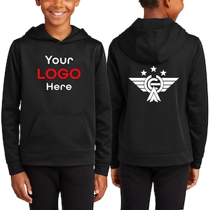 May include: Black hooded sweatshirt with a front pocket and drawstring hood. The front displays the text "Your LOGO Here" in white and red. The back features a white graphic with stars and a logo.