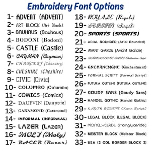 May include: A list of 33 embroidery font options with their names and corresponding font styles. The list is numbered from 1 to 33. The font styles are shown in a variety of styles, including script, block, and sans serif.