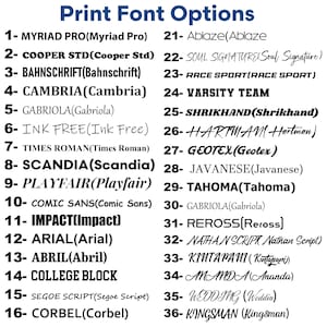 Puede incluir: Una lista de 36 opciones de fuentes de impresi&oacute;n, cada una con un nombre y una muestra. Las fuentes van desde la cl&aacute;sica Times Roman hasta opciones modernas como Impact y Comic Sans. El t&iacute;tulo "Print Font Options" est&aacute; en la parte superior.
