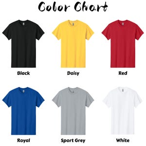 May include: A color chart featuring six short-sleeved t-shirts in various colors: black, yellow, red, blue, gray, and white. Each shirt is labeled with its corresponding color name in a handwritten font.