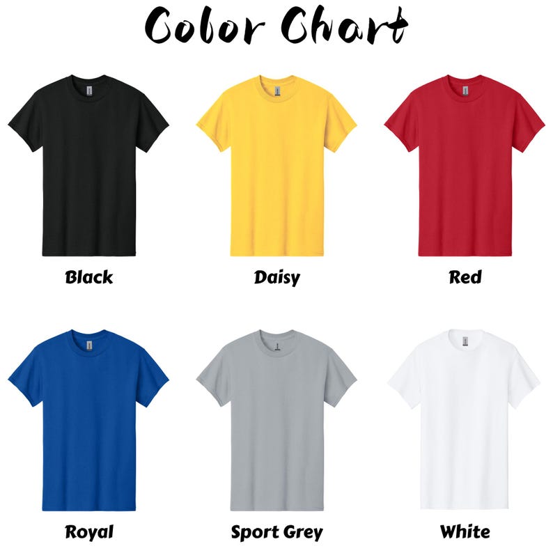 May include: A color chart featuring six short-sleeved t-shirts in various colors: black, yellow, red, blue, gray, and white. Each shirt is labeled with its corresponding color name in a handwritten font.