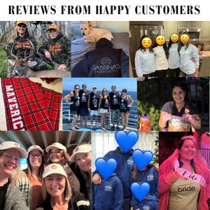 May include: A collage of customer reviews featuring various products. Images include a black hoodie with "Sabrina's Snapshots" text, a red plaid blanket with "Maverick" text, and people wearing apparel with logos. The text "Reviews from Happy Customers" is at the top.