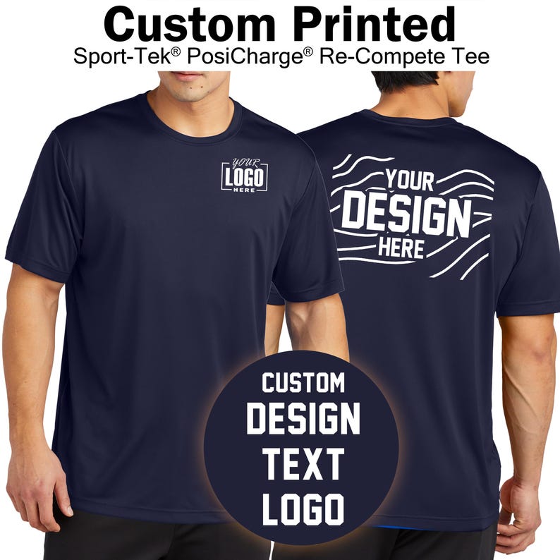 May include: A navy blue short-sleeved t-shirt with a white design on the front and back. The front design says "YOUR LOGO HERE" and the back design says "YOUR DESIGN HERE" with a wavy pattern. The text "CUSTOM DESIGN TEXT LOGO" is in a circle on the bottom of the image.