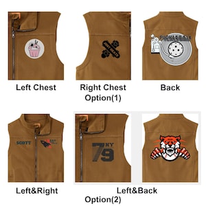 May include: A brown sleeveless vest featuring various graphic customisation options. Designs include a cupcake, a skateboard with the text JUST SKATE, a pickleball record player, the name SCOTT, a rocket, the number 79 with NY, and a tiger mascot.