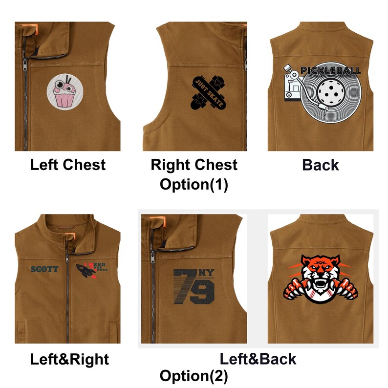 May include: A brown sleeveless vest featuring various graphic customisation options. Designs include a cupcake, a skateboard with the text JUST SKATE, a pickleball record player, the name SCOTT, a rocket, the number 79 with NY, and a tiger mascot.