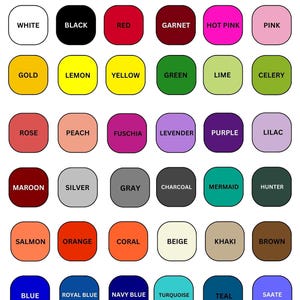 A color chart displaying thirty-six rounded rectangular swatches with their corresponding color names printed inside each.