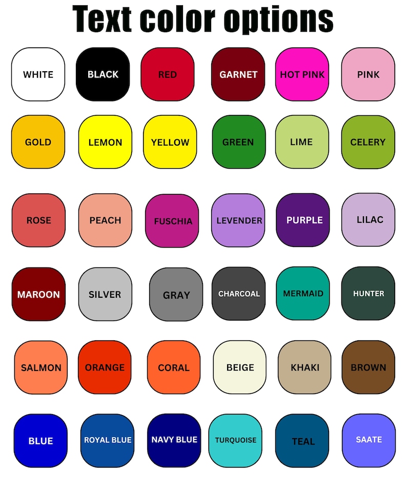 Puede incluir: Una tabla de 36 muestras de color con los nombres de cada color enumerados debajo. Los colores incluyen blanco, negro, rojo, granate, rosa intenso, rosa, dorado, lim&oacute;n, amarillo, verde, lima, apio, rosa, melocot&oacute;n, fucsia, lavanda, morado, lila, marr&oacute;n, plata, gris, carb&oacute;n, sirena, cazador, salm&oacute;n, naranja, coral, beige, caqui, marr&oacute;n, azul, azul real, azul marino, turquesa, azul verdoso y saate.