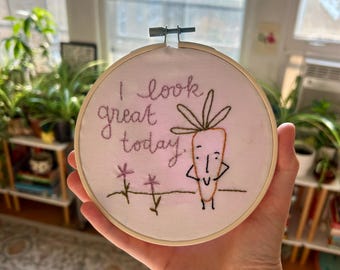 Connie the Carrot Embroidery Hoop Art: Confidence Affirmation, Kids Room Decor