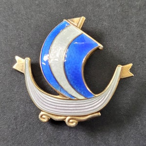 Askel Holmsen Sterling Norway guilloche enamel boat brooch.