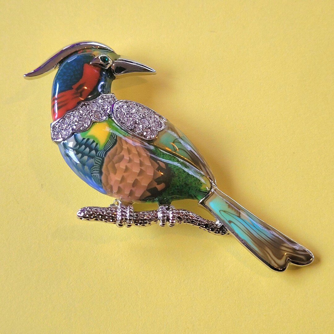 Broche Vintage Oiseau En émail Et Strass - Dorée Colorée - 46 Mm - La Parisienne - Neuf