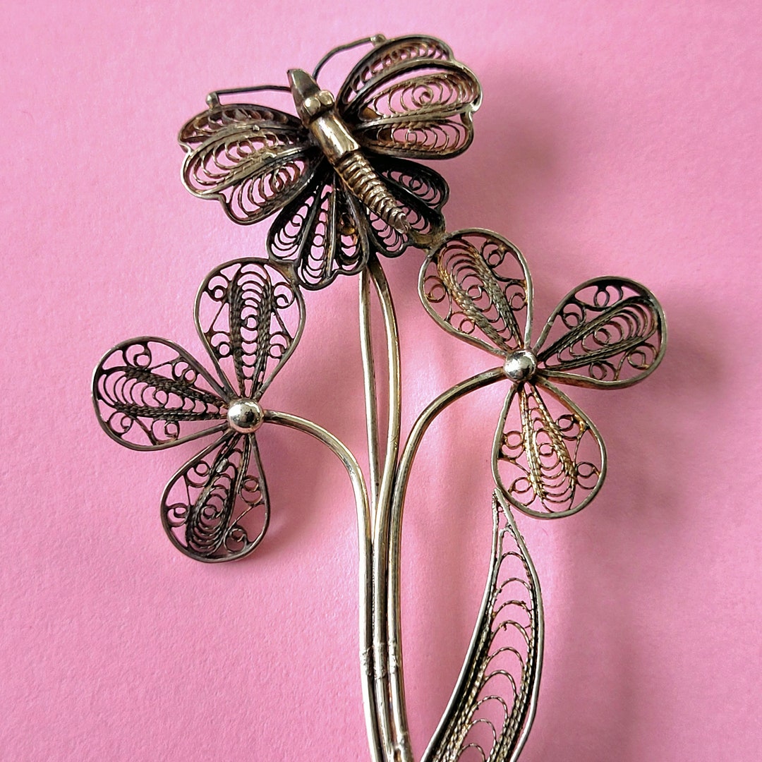 Grande Broche Ancienne Argent Massif - Gerbe De Fleur Filigrané - Occasion