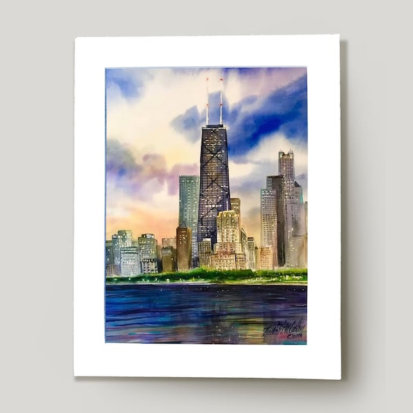 Matted Giclee Print "The Lakeshore (Chicago)" John Hancock Original Watercolor Painting, Lakefront Skyline Fine Art, Various Sizes Available