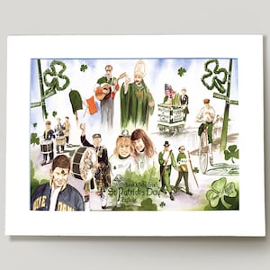Matted Giclee Print &quot;South Side Irish Parade&quot; St. Patrick&#39;s Day Artwork, Chicago South Side Collage Watercolor Art, Various Sizes Available