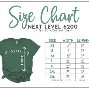 Next Level 6200 Size Chart - Next Level Unisex Poly Cotton T-Shirt Size Chart - Next Level T-Shirt Size Chart - NL6200 Size Chart