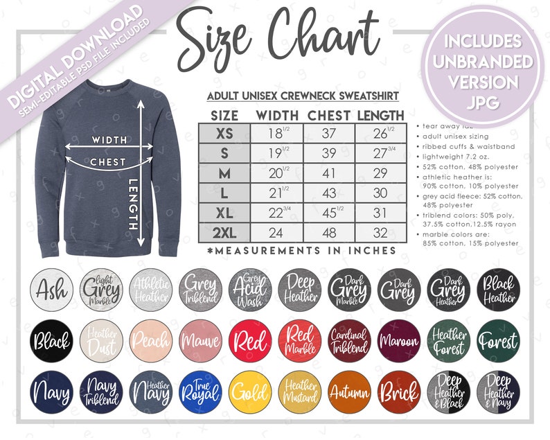 Semi-editable Bella Canvas 3901 Size Color Chart Bella - Etsy