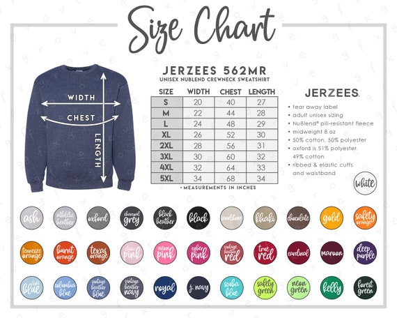 Jerzees 562MR Size Color Chart 34 COLORS Jerzees Nublend | Etsy