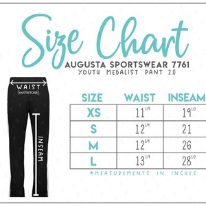 May include: Size chart for youth medalist pants in sizes XS, S, M, and L. The chart shows waist and inseam measurements in inches.