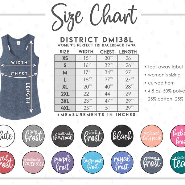 District DM138L Size + Color Chart • District Women's Perfect Tri Racerback Tank Size Chart • District Tank Top Size Chart