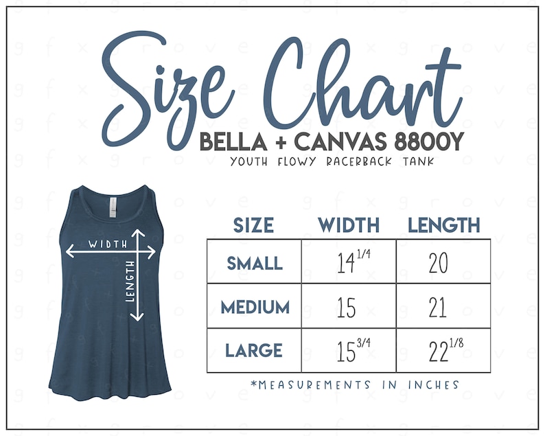 Bella Canvas 8800Y Size Chart \u2022 Bella Canvas Youth Flowy Racerback Tank Size Chart \u2022 Bella Canvas B8800Y