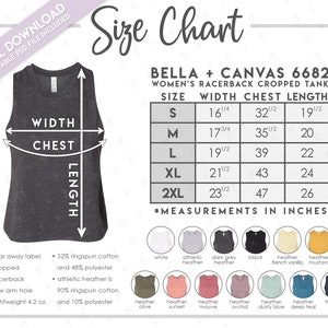 Tabla de tallas y colores semieditable Bella + Canvas 6682 • Tabla de tallas de la camiseta de tirantes corta con espalda deportiva para mujer de Bella Canvas • Tabla de colores 6682 • BC6682