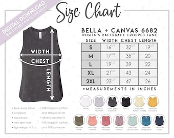 Tabla de tallas y colores semieditable Bella + Canvas 6682 • Tabla de tallas de la camiseta de tirantes corta con espalda deportiva para mujer de Bella Canvas • Tabla de colores 6682 • BC6682