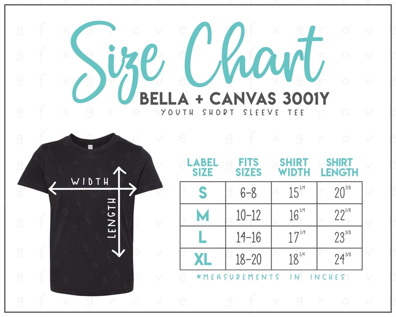 Bella Canvas 3001Y Size Chart Bella Canvas Youth T-shirt | Etsy