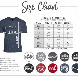 Tultex 207TC Size + Color Chart • 10 COLORS • Tultex Unisex Poly Rich V-Neck Tee Size Chart • 207 Size Chart • 207 Color Chart