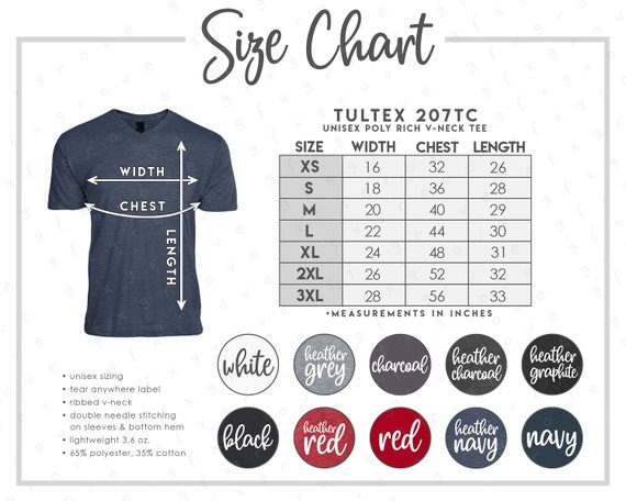 Tultex 207TC Size + Color Chart • 10 COLORS • Tultex Unisex Poly