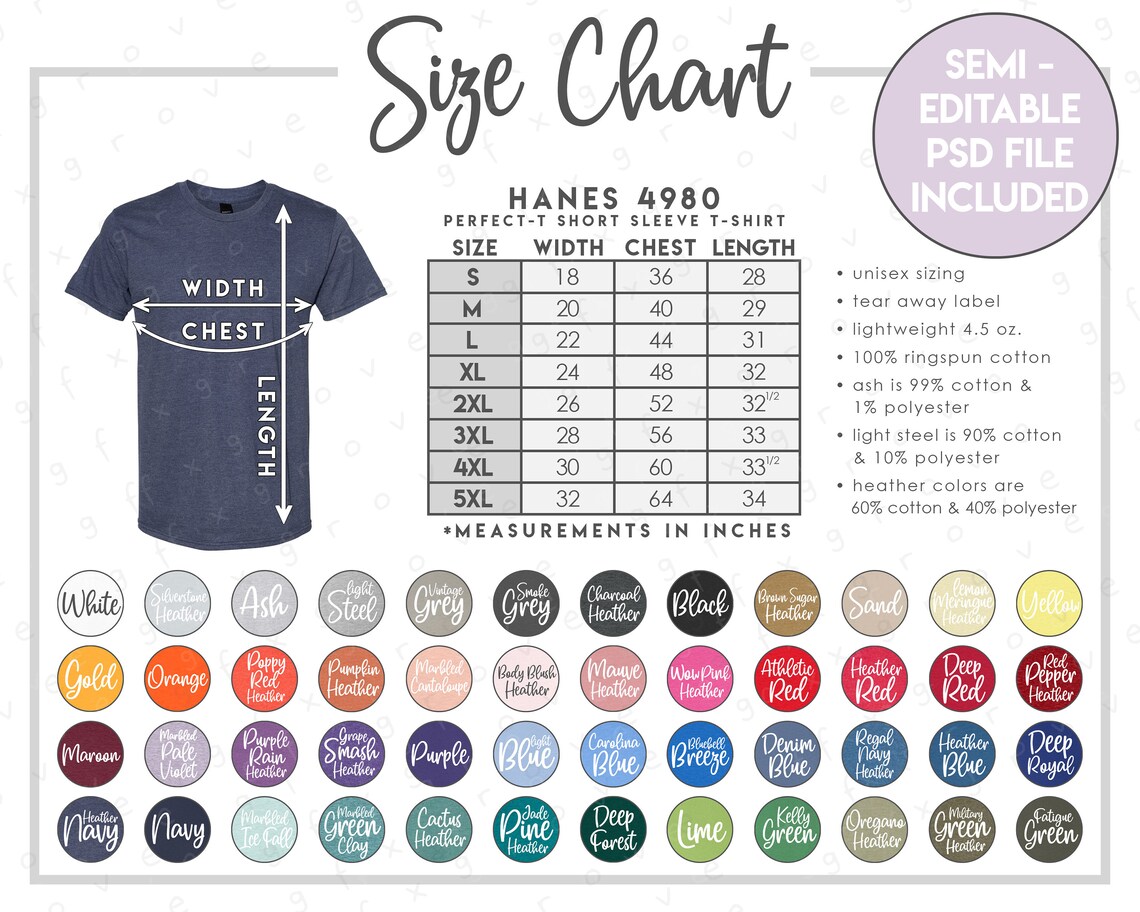 Semi-editable Hanes 4980 Size Chart Color Chart Perfect-t - Etsy