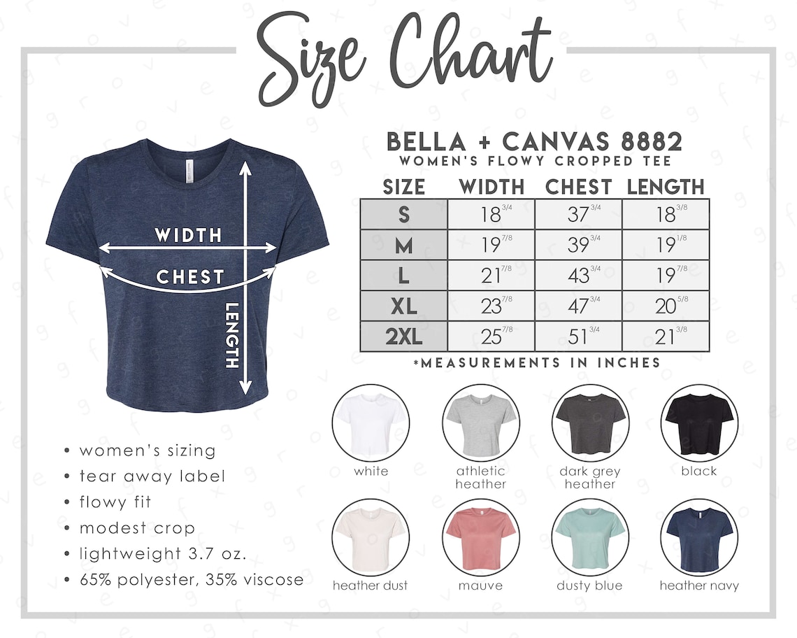 Bella Canvas 8882 Size Color Chart 8 COLORS Bella | Etsy