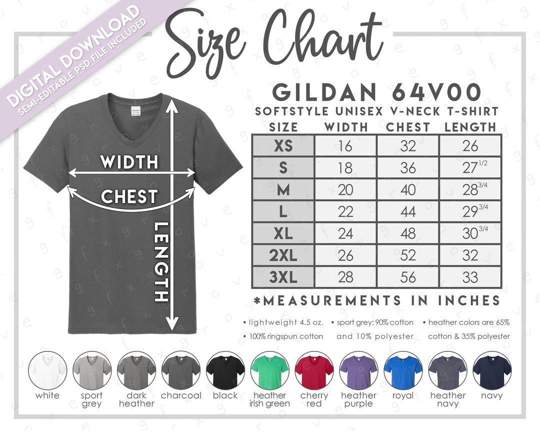 Semi-editable Gildan 64V00 Size Chart Color Chart Gildan Softstyle V ...