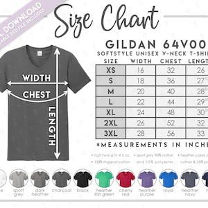 Semi-Editable Gildan 64V00 Size Chart + Color Chart • Gildan Softstyle V-Neck T-Shirt • Gildan 64V00 T-Shirt Color Chart • G64V Size Chart